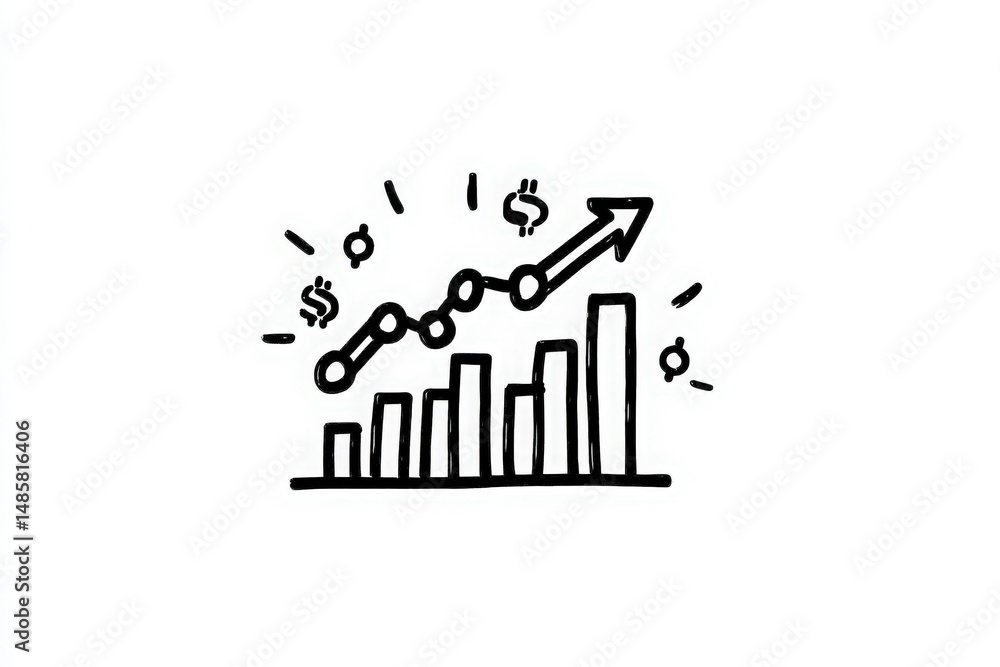 A stylized growth chart features rising bars and a prominent upward arrow, symbolizing financial success and positive trends. Dollar signs enhance the visual theme of economic improvement.