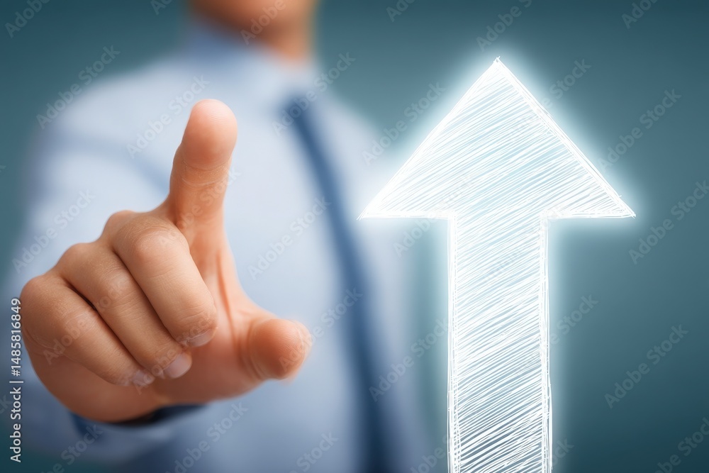 A persons hand is extending forward, pointing at a glowing arrow that symbolizes upward motion.