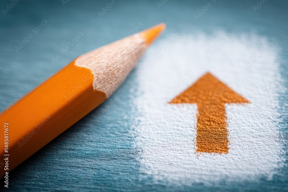 An orange pencil leans next to a painted upward arrow on a blue background. The arrow is prominently displayed, emphasizing direction and progression in a creative workspace.