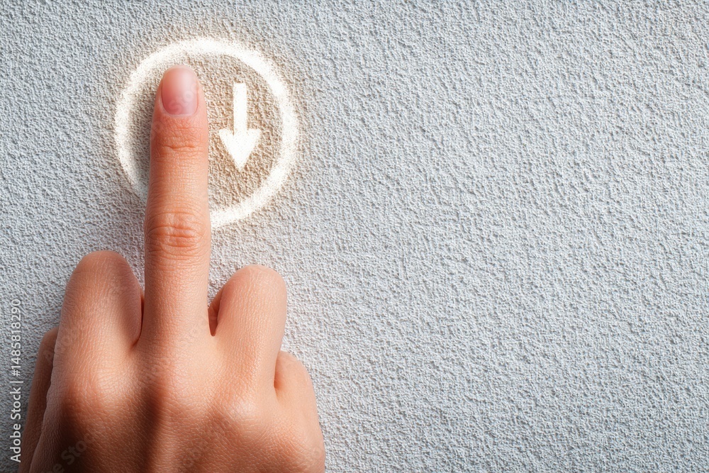 A hand gently presses a circular button on a textured grey wall. The button has a downward arrow symbol, suggesting a function related to moving or navigating downward.