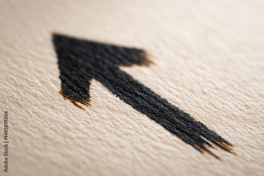A striking black arrow is drawn with brush strokes on textured beige paper. The arrow points upward, conveying a sense of direction and movement in a simple yet effective design.