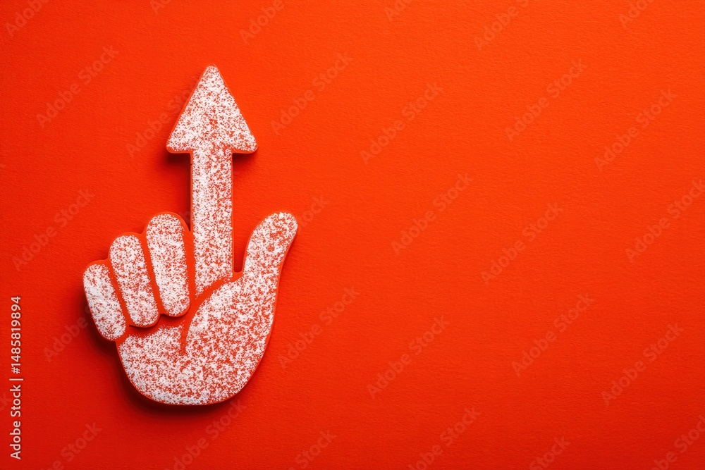 A hand gesture with a raised finger points upward against a vivid orange background. The textured hand is shown clearly, emphasizing the upward direction, suggesting importance or attention.