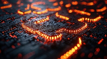 Abstract Digital Circuitry: Glowing Binary Code Streams Across a Dark Technological Landscape