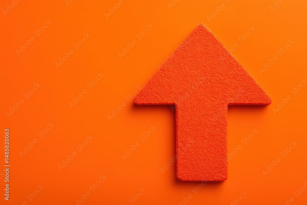 An upward-pointing arrow in a vivid orange color is set against a matching textured background, creating a bold and eye-catching visual element that suggests movement or progress.