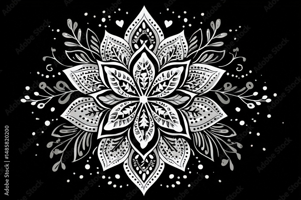 A detailed floral mandala showcases a unique arrangement of leaves and shapes in black and white. The intricate patterns create a captivating visual experience, enhancing the artistic appeal.
