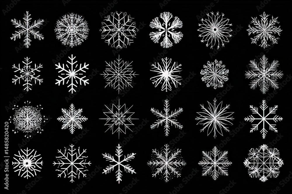 Intricate snowflake patterns are organized in a grid formation on a dark backdrop. Each snowflake showcases unique shapes and details, emphasizing natural beauty and complexity.