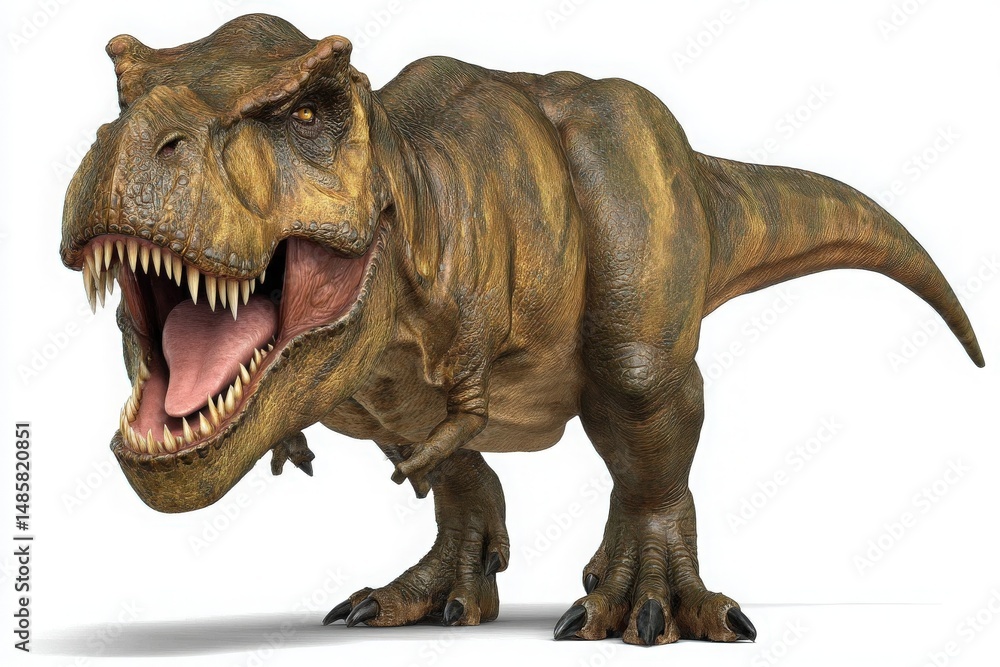 A detailed, lifelike representation of a Tyrannosaurus rex stands prominently with its mouth open, showcasing sharp teeth.