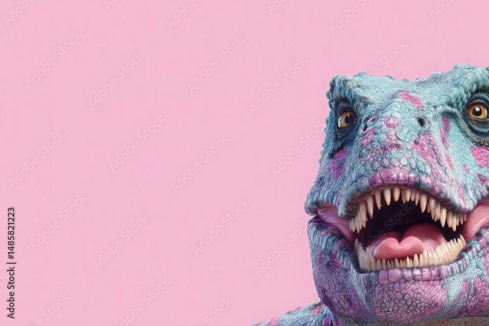 Dinosaur with open mouth showing its tongue and teeth. The dinosaur is light blue with pink spots and brown eyes, against a plain pink background.
