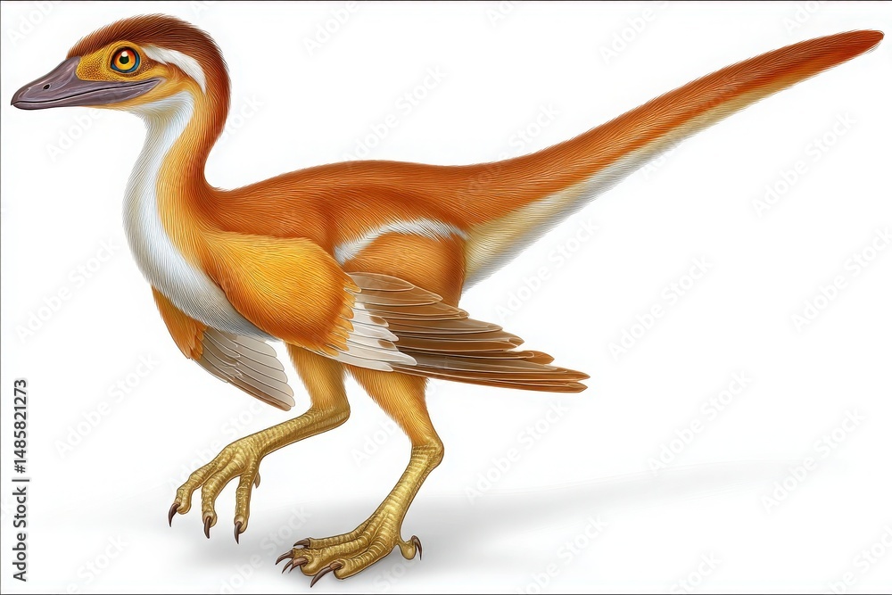 A vibrant orange dinosaur with feathers stands upright, showcasing detailed features. Its large eyes and long tail highlight its prehistoric origins.