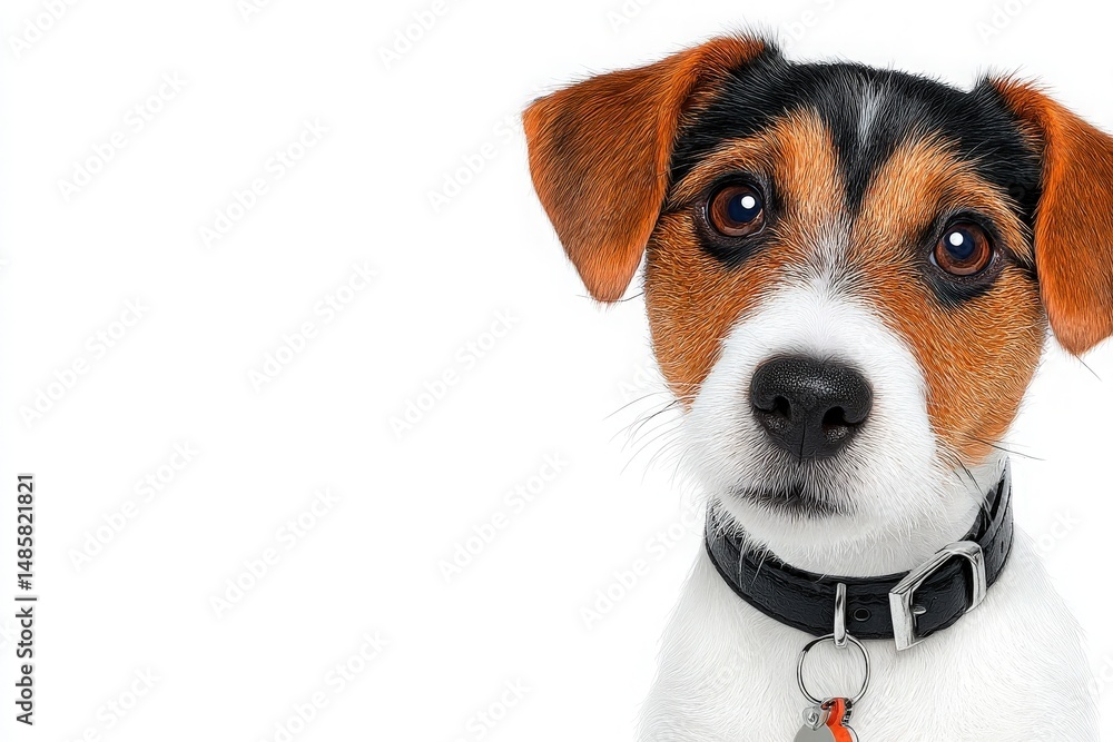 A small dog with a distinctive coat of brown, black, and white sits attentively against a light background. Its expressive face conveys curiosity and friendliness, showcasing its alert demeanor.