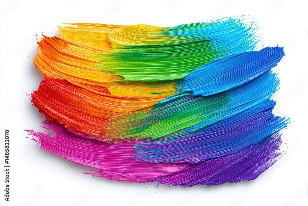 Vivid streaks of paint in rainbow colors swirl together on a white backdrop, showcasing an artistic display of creativity. This vibrant arrangement captures the essence of color blending and design.