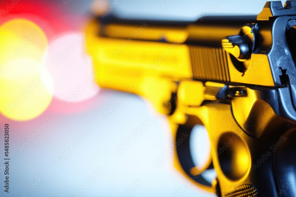 A detailed close-up view of a gun is shown, with a soft focus on the background lights creating an artistic blur. The gun is pointed forward, emphasizing its intricate design.
