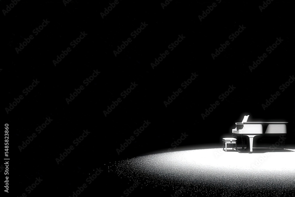 A grand piano and a matching stool sit under a spotlight in an otherwise dark room. The atmosphere suggests a moment of anticipation or reflection during a musical event.
