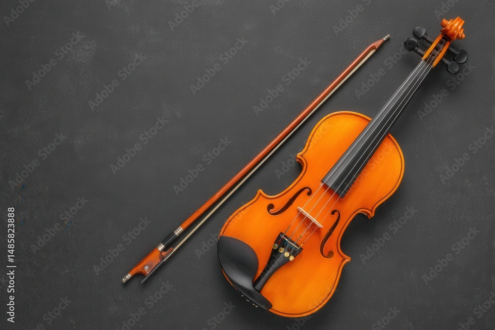 An orange violin and its bow are displayed neatly on a dark textured surface. The craftsmanship of the instrument and its shiny finish showcase its beauty and detail.