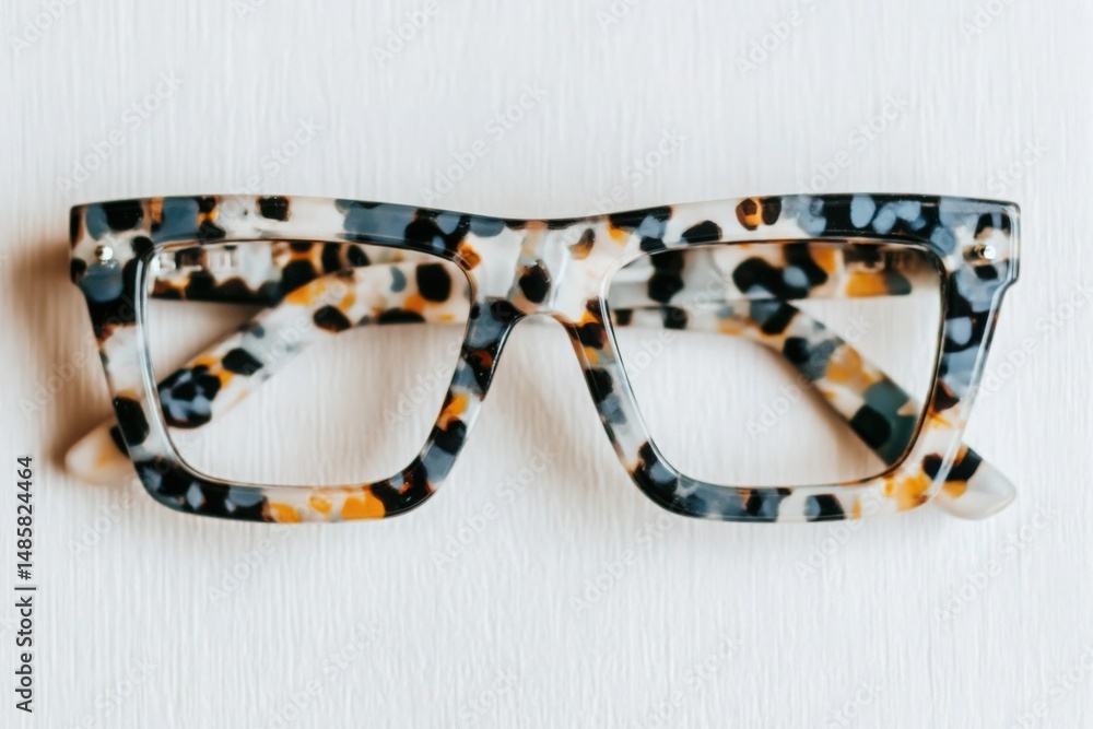 A pair of tortoiseshell glasses lays flat against a white surface. The multi-colored frames feature a distinctive pattern of brown, black, and cream, emphasizing a modern and trendy look.