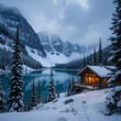© Michael - Gorgeous image of Emerald Lake in Yoho National Park, British Columbia, Canada, during the winter, with a wooden cabin blazing amid steep mountains and pine forests blanketed in snow.