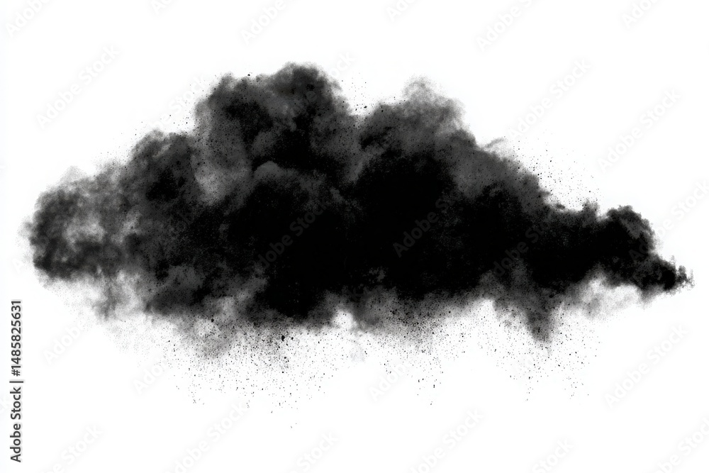 A dense black smoke cloud swirls and disperses, creating dramatic contrasts on a white background. The wispy texture varies, suggesting movement and depth, ideal for visual design.