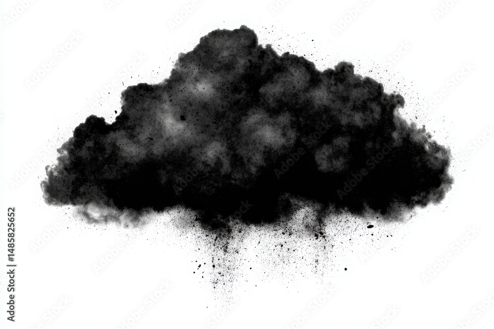A dense black cloud appears to float above a light surface, surrounded by soft edges and textures. The cloud is rich in detail, showcasing various shades and bursts of darkness.