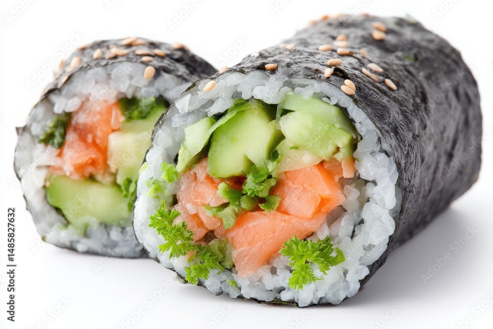 Sushi rolls filled with fresh salmon, crunchy cucumber, and vibrant herbs are neatly wrapped in seaweed. The dish is presented on a clean white background, highlighting the colorful ingredients.