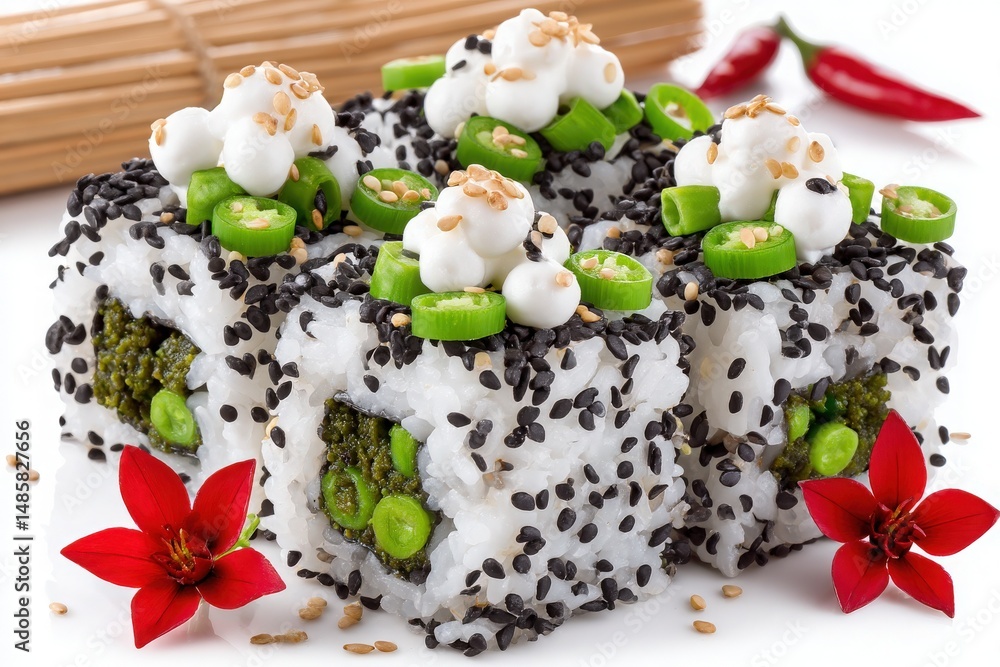 Sushi rolls feature a blend of rice and black sesame seeds, filled with fresh greens and topped with white cream and herbs, creating a vibrant and appetizing display for food enthusiasts.