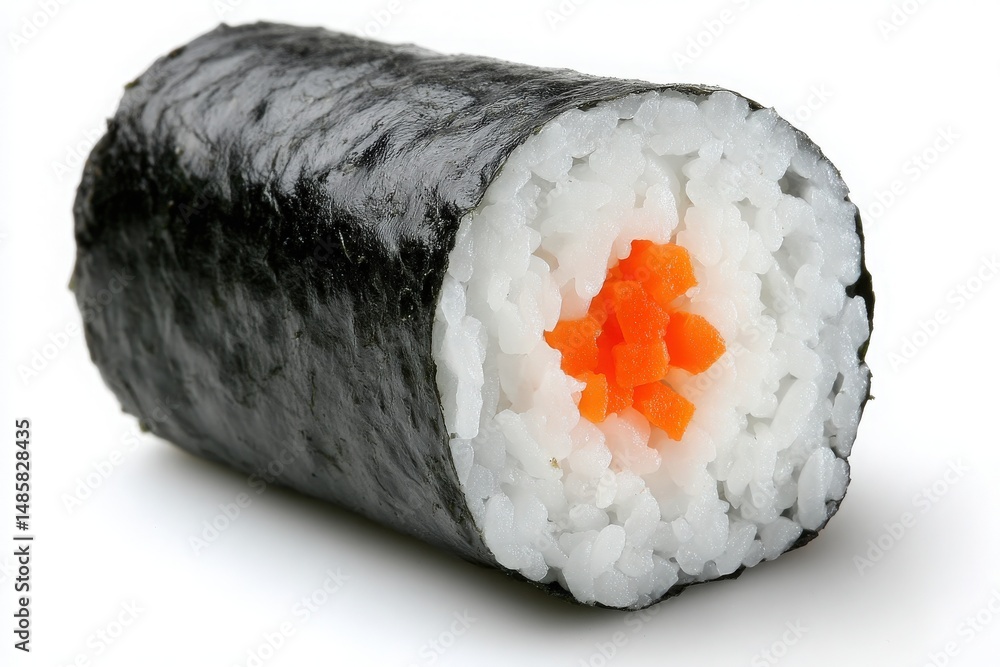 A sushi roll features a filling of bright orange carrots and sticky white rice wrapped in dark seaweed. This vibrant dish is perfect for enjoying fresh flavors and textures.