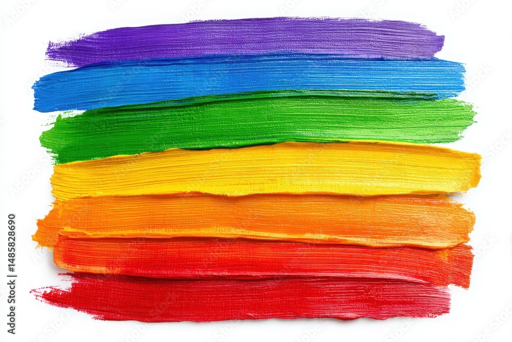 Bright stripes of paint in rainbow colors are arranged horizontally, showcasing vibrant shades of purple, blue, green, yellow, orange, and red. The rich texture adds depth to the artwork.