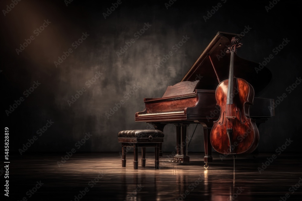 A grand piano sits beside a beautiful cello, both illuminated by a warm glow in a dimly lit space. The polished wood reflects light, creating a serene ambiance perfect for music.