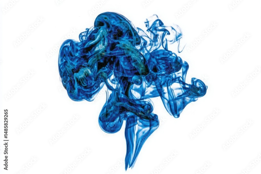 A striking display of blue liquid forms intricate swirls and shapes against a plain white backdrop. The fluid dynamics create a captivating visual with depth and movement.