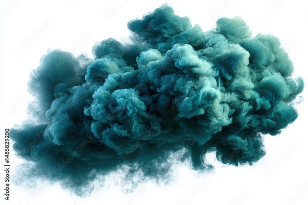 A vibrant teal smoke cloud billows gracefully, creating an abstract and captivating display. The soft shapes and movement evoke a sense of mystery and creativity, perfect for artistic inspiration.