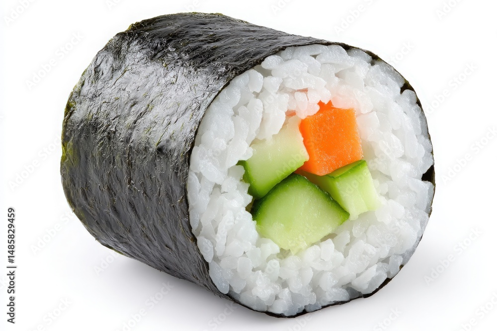 A sushi roll features vinegared rice wrapped in seaweed, filled with fresh cucumber and vibrant carrot. This dish showcases the art of sushi making, highlighting a blend of flavors.