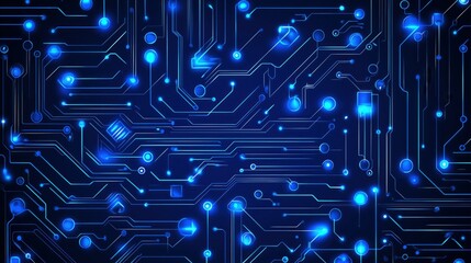 Blue technological background with glowing lines and dots, a circuit board vector pattern on a dark blue background for a tech illustration or digital design.