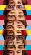 © master1305 - Vertical striped collage of diverse human eyes against multicolored backgrounds. Varied eye colors and expressions visible. Concept of human diversity, emotions, equality.