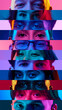 © master1305 - Vertical striped collage of diverse human eyes under neon light against multicolored backgrounds. Gazes show varied expressions. Concept of human diversity, emotions, equality, neon.