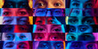 © master1305 - Grid collage of numerous diverse human eyes under neon light. Varied expressions and eye colors are visible. Concept of human diversity, emotions, equality, unity, connection.