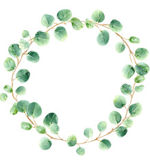 Wall Mural - watercolor wreath with green eucalyptus leaves and branches. perfect for wedding invitation, postcar