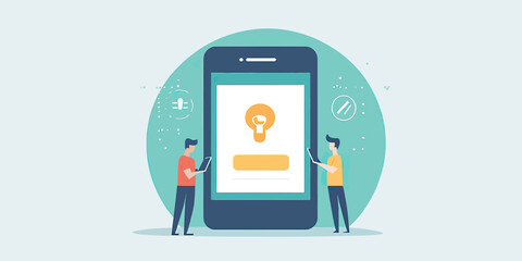 User login screen on large smartphone with two developers interacting using mobile devices in flat minimalist style technology concept interface design