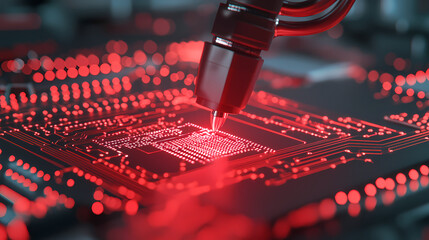 A robotic arm assembles a glowing red microchip on a circuit board, symbolizing advanced technology and electronics manufacturing.