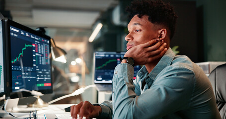 Poster - Man, tired and computer screen with trading, stats and bored for revenue report in office at company. Person, typing and monitor at night, graphs or exhausted with research for stock market at agency