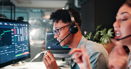 Poster - Trading call center, screen or man on computer for customer service, investment advice and market insight. Contact us, advisor and broker with client query for financial news, assistance and charts