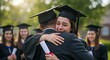 © thiago - A graduate is emotional while being embraced by someone, celebrating a milestone.