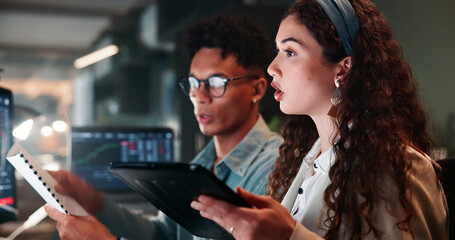 Poster - Meeting, tablet and business people in office at night for trading, online investment and stock market. Corporate, team and man with woman on computer for finance analysis, planning and collaboration