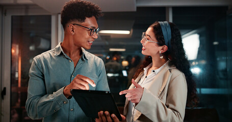 Poster - Business, employees and tablet in office at night for investment profit, exchange rate and stocks research. Trader, teamwork and overtime with digital app for trading deadline and economic update