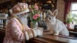 © Chuhada - Santa Claus in Fancy Outfit with Rabbit at Cozy Bar During Festive Season