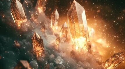 Wall Mural - Crystal clusters floating in mid-air, surrounded by a glowing cosmic mist