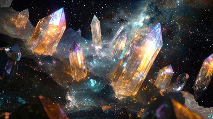 Wall Mural - Crystals in space, floating among galaxies, reflecting distant starlight