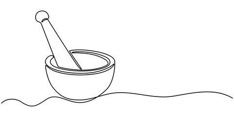 Mortar with pestle one line continuous drawing. Kitchen tools continuous one line illustration. Vector minimalist linear illustration, Single continuous line drawing mortar and pestle vintage.