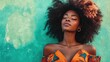 © Bassmallah - Serene Black woman with afro hairstyle laying against teal wall.