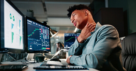 Leinwandbilder - Neck pain, night and computer with business man in office for stock market crash, tired and trading stress. Burnout, risk analysis account and fatigue with frustrated person for economy fail