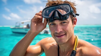 a young man enjoying snorkeling in clear turquoise waters under a bright sky.