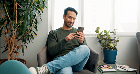 Poster - Happy, waiting room and man with cellphone, typing and connection with social media. Person, communication and texting with smartphone, internet and online reading with network and message to contact